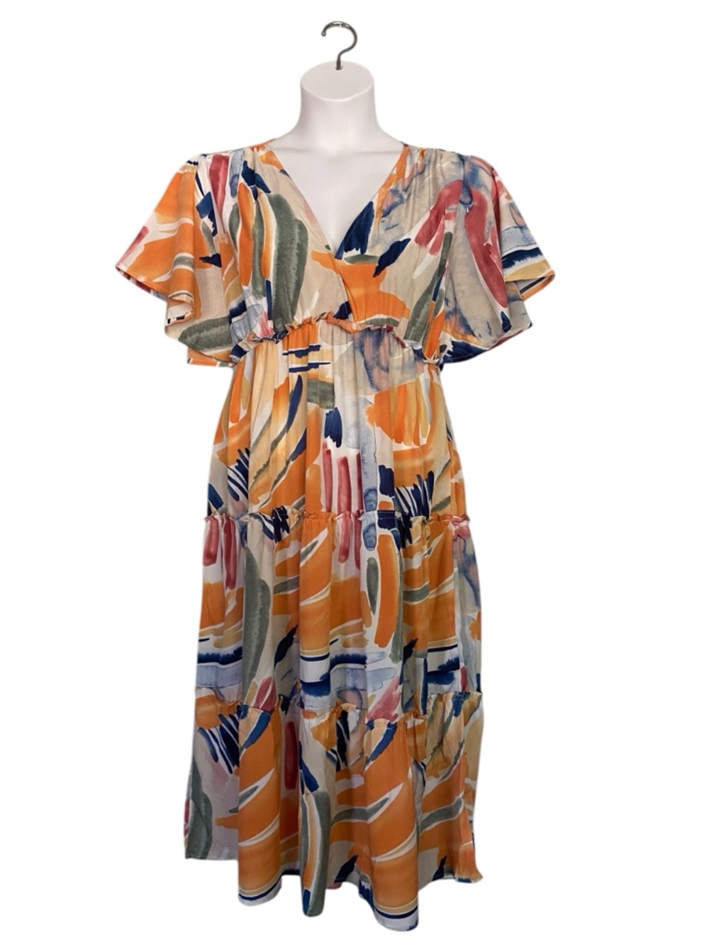 Umgee Abstract Print V Neck Midi Dress Womens Size Large NWT Boho Festival